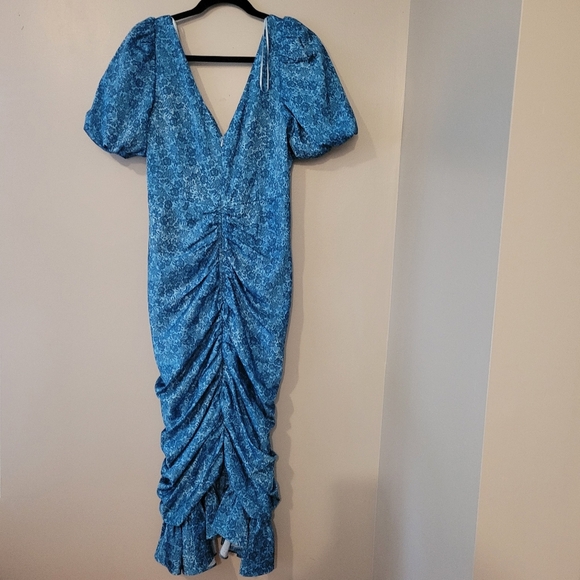 AMUR Floral Ruched Mermaid Tiered Puff Sleeve Peasant Blue Midi Dress. Size 10. - Picture 12 of 15